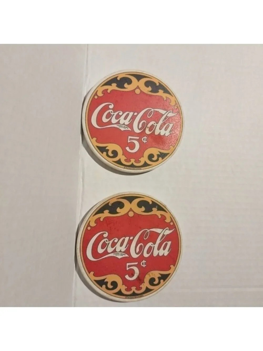 Vintage Coca-Cola 5¢ Round Cork Coasters Set Of 2 Red & Gold Design